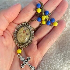 Vintage-Style Yellow & Blue Bead car Rosary of our lady of zarvanytsia ukraine